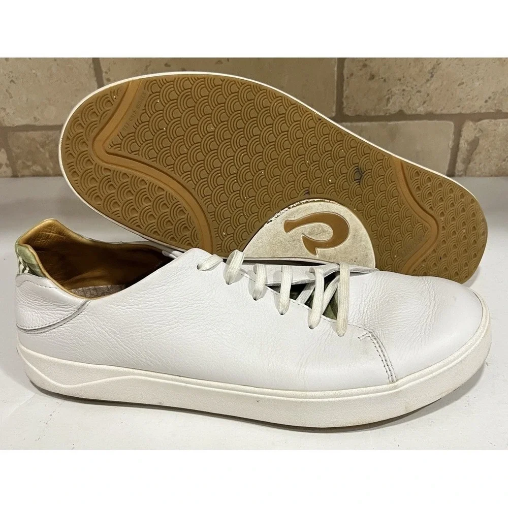 Olukai Shoes Mens Lae'ahi Pili White Leather Palm Leaves Lace Sneakers Men's 12
